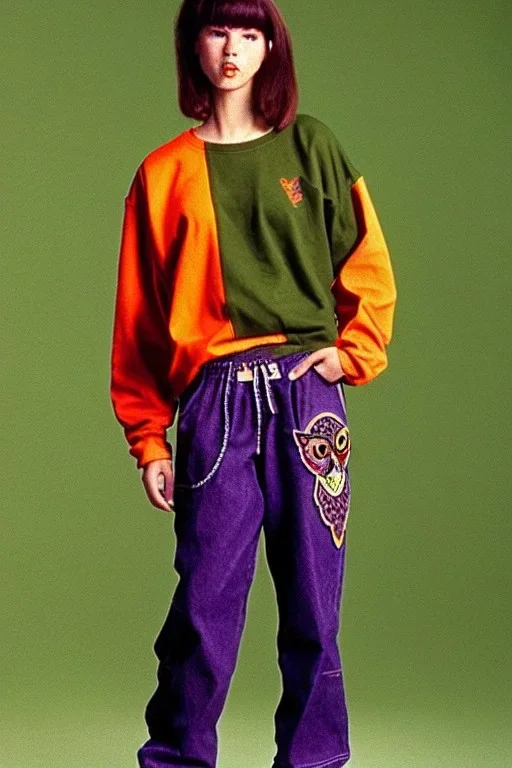 year 1994 fashion. Loose fit, "combat pants" with low waist, baggy, Combat pants, t-shirt and interesting hoodie. Colors: denim blue, blue, purple, khaki, light green, lilac, plum, orange, terracotta, red, pink, dark blue, beige. Women models. Patterns: owl, Sturnus vulgaris pattern prints.Jennifer Lopez, Gwyneth Paltrow, . Big tennis shoes on. Cargo pants.