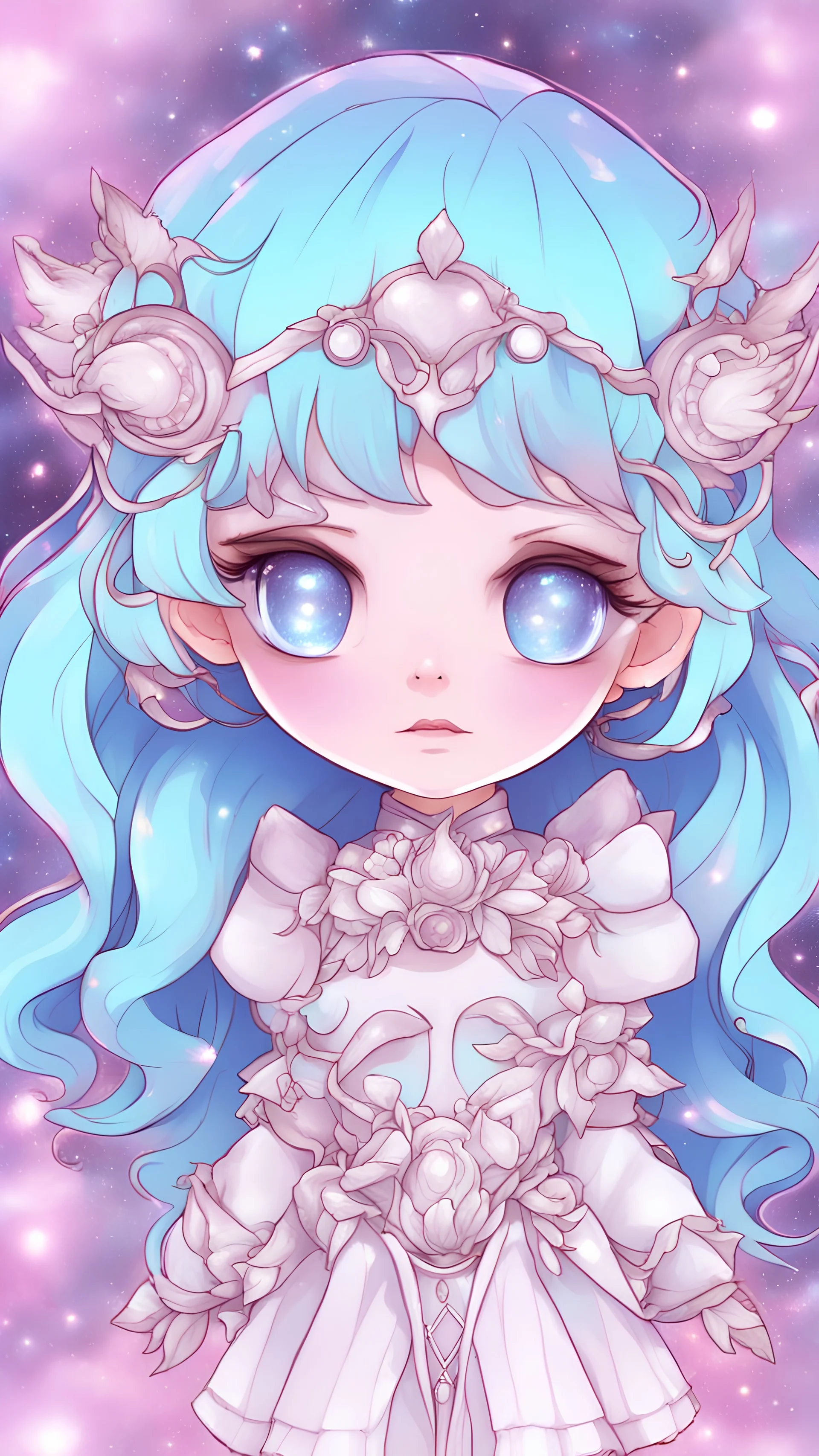 Cosmic Fantasy, Ethereal Guardian Magical Girls, Celestial Companions, Digital art, Enchanting Art, Magical girl Characters, adoptable, Adoptables, Nebula Patterns, Mesmerizing Colors, Surreal Glow, Cosmic Themes, Whimsical Fantasy, Cosmic Beauty, Enigmatic Eyes, cutesy chibi anime style, clean lineart, solid color background, extremely detailed, chibi style