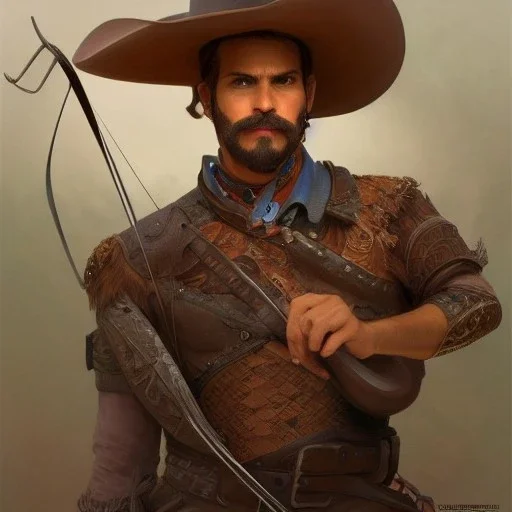 portrait,"Insanely detailed photograph of a male western mustachioed crossbowman", charo detailed, sequenced Sombrero, detailed held dagger, digital painting, artstation, concept art, smooth, sharp focus, illustration, art by artgerm and greg rutkowski and alphonse mucha, 8 k,fantasy, unreal engine