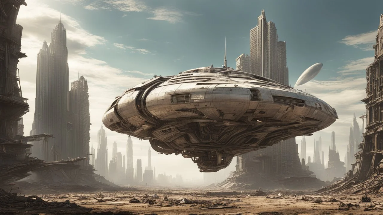 A small, wide, squat, sleek Spaceship in a ruined alien city, surrounded by tall damaged buildings, clear sky, small white clouds, photorealistic