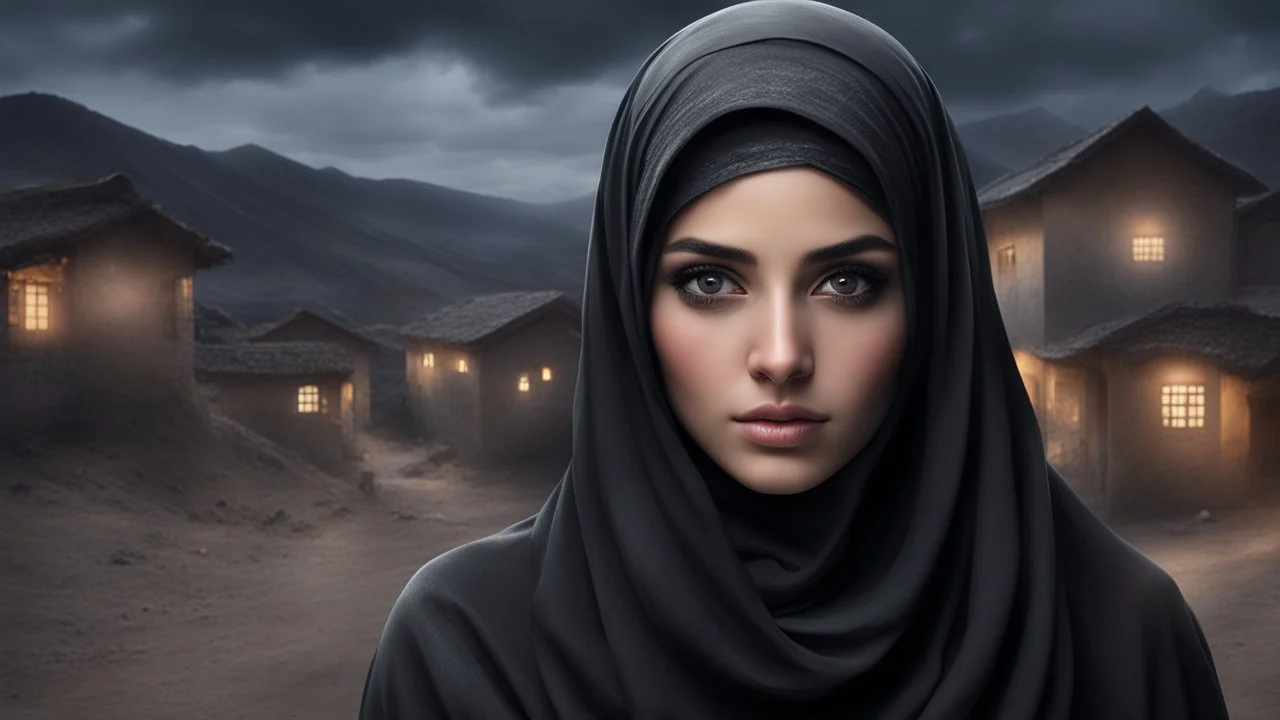 Hyper Realistic close-up-photographic-view of Beautiful Pashto Girl in niqab with beautiful hair & beautiful eyes fully-face-covered-in-black-dress-&-grey-shawl standing outside village-houses giving-bold-expressions on mountain-top at night with cloudy-moonlight showing dramatic & cinematic ambiance