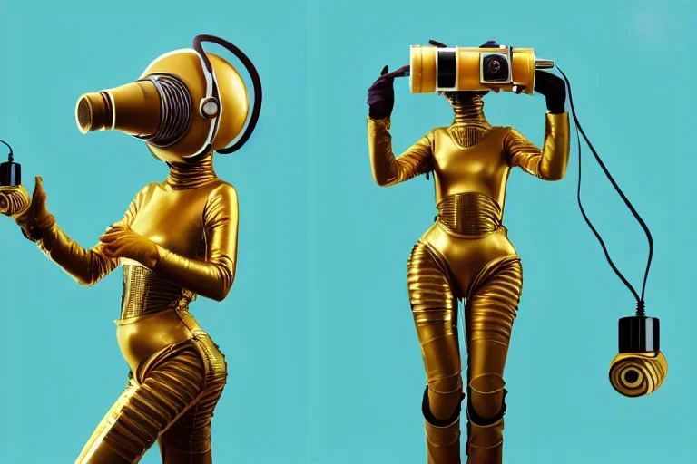 Golden to cyan surfaces body, latex. Tendril-mask-Synthesizer-proboscis. Partly armored proboscis. Coverage metallic headphones. Hot Russian military girl and trooping rebels. Old-fashioned cameras integrated to heads. Strange Steam-punk telephones! Dystopia perfect body. Red 4D-tiling. Partly symmetrical in relation to butt. Perfect golden ratio in all directions. Space-corruption. Steam-machines-tubes. 3D-Tessellation. Antennas. Oppressive atmosphere. Soviet propaganda. Egyptian Nazi