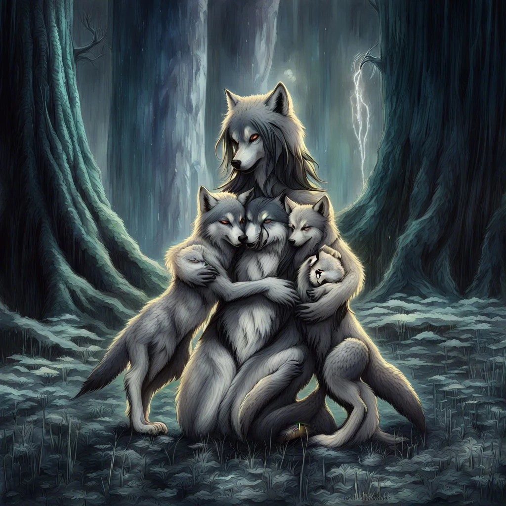 fantasy anime art from an gray bodyhair wolf female anthropomorphic wolf female hibrid kneeling hugs her two anthropomorphic wolf-kid hibrid child on field, in background tall trees wirh big trunks, rain, down on blue-green moss, hug each other , rainy day, high contrast, high detalied, atmospheric, fantasy, sci-fi mood