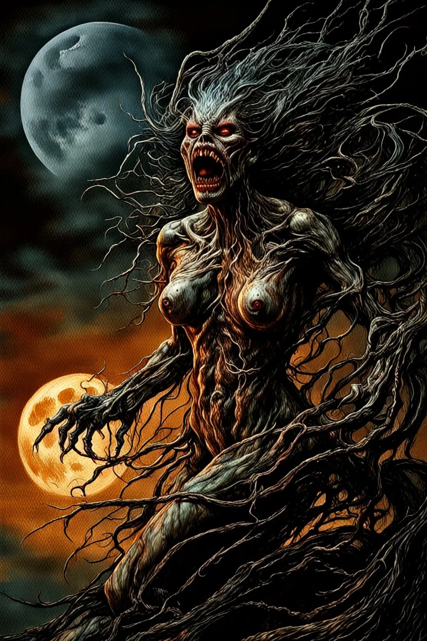 A dramatic digital painting portraying a horror monster under the Moon, veins pulsing, claws of temptation visible, soul in turmoil. In the style of Luis Royo and Boris Vallejo and Giger, vivid colors, swirling brushstrokes, highly detailed, 8k resolution, surrealistic., juicy emotions, painting, gloomy fantasy, gloomy day, dark world, portrait, oil and graphite, wide strokes, a weaving frame around, by Ryohei Hase, Agnes Cecile, Raymond Swanland, Anne Bachelier