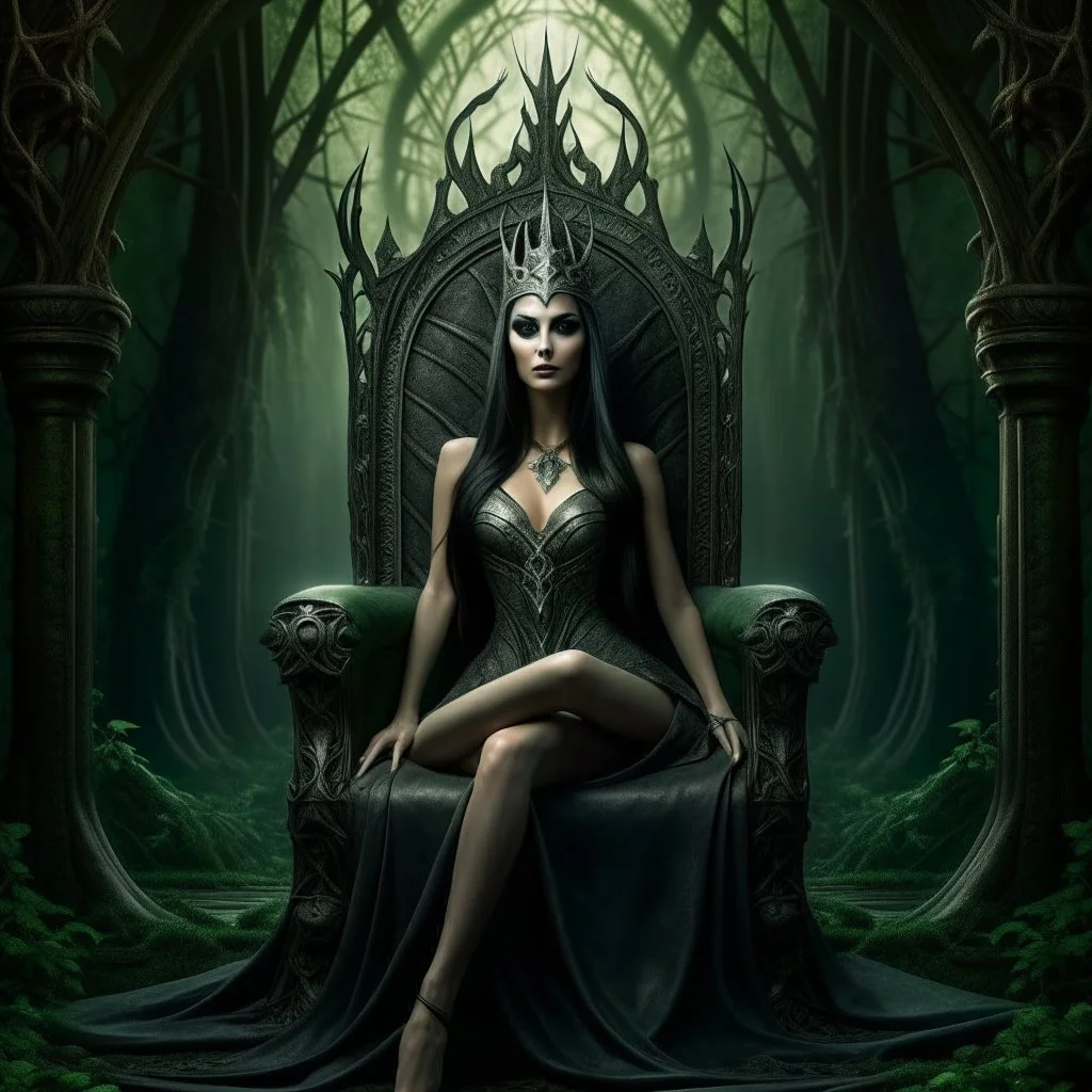 Morena Baccarin as a beautiful sexy dark elf queen seated elegantly on a throne in a mystical forest, dark celtic vignette frame