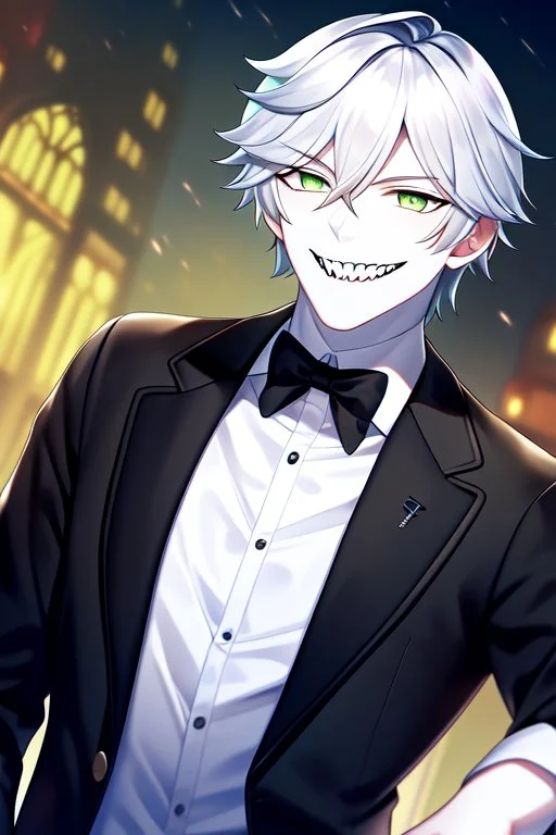 plauge doctor in balck leather coat and suit with silver hair, pale skin and bright green eyes smiling with sharp teeth, nice young face, male, viscious smile, face close look