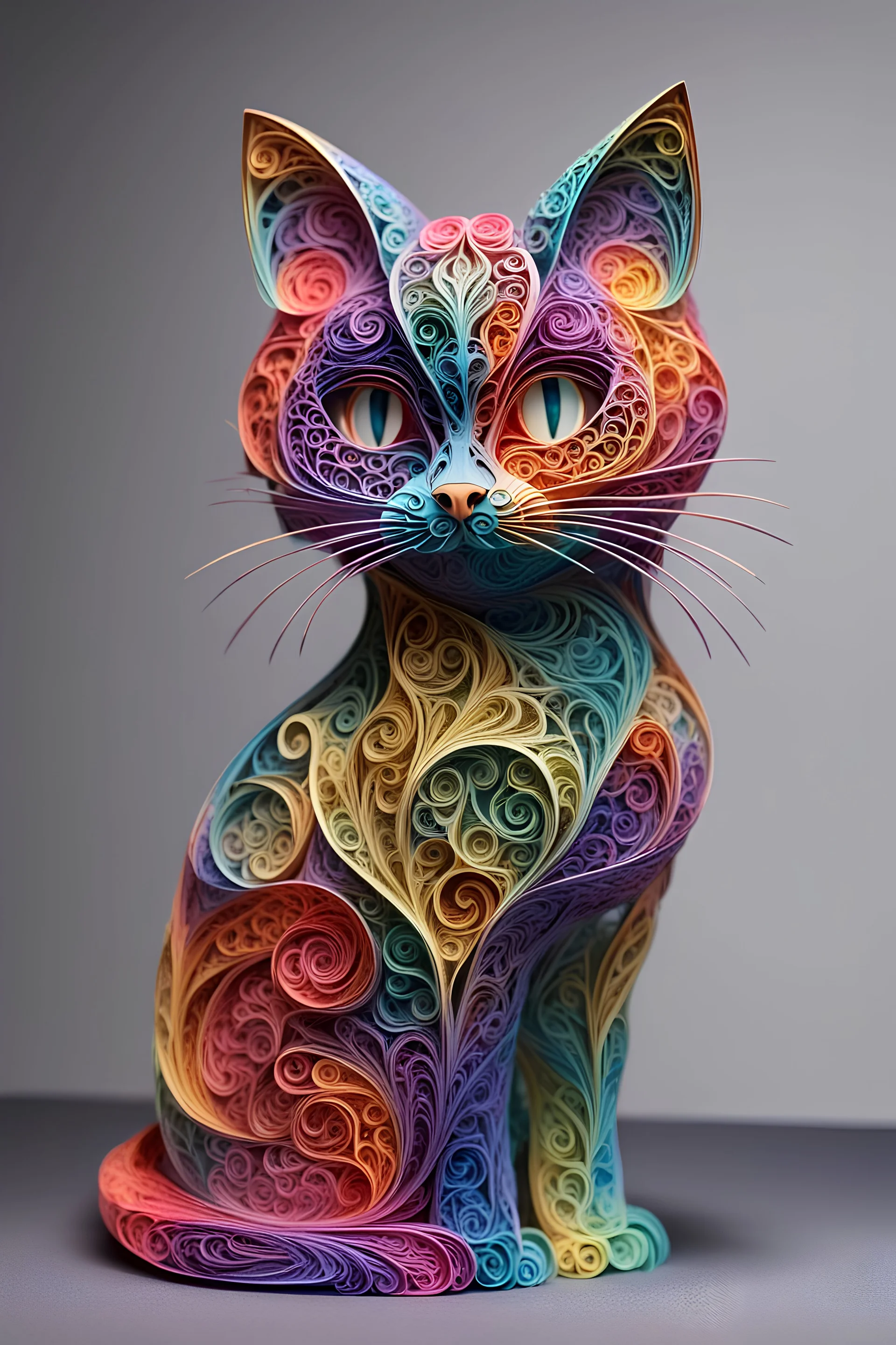 3D statue of a multicolored cat made of paper filigree., cinematic, vibrant