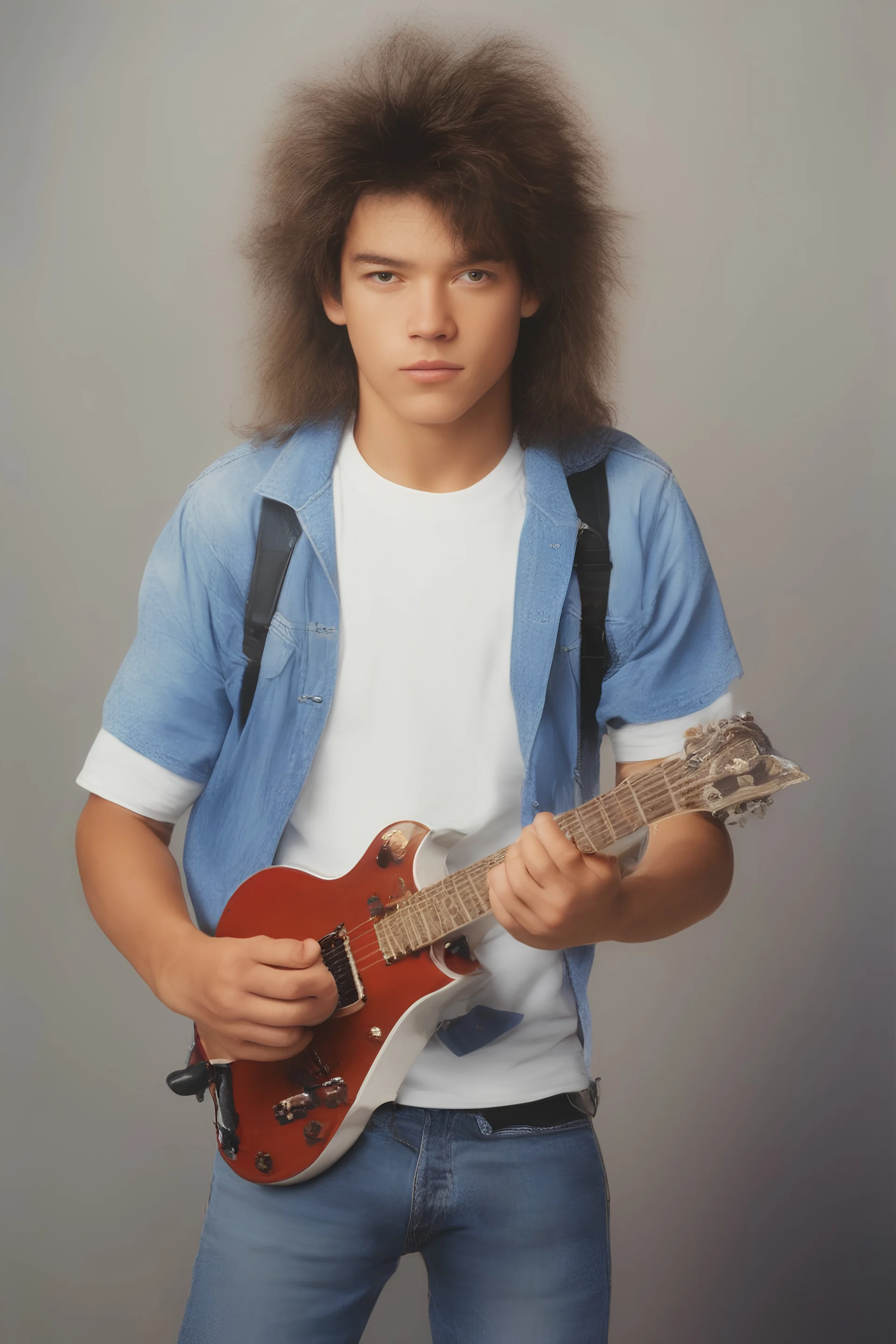 full color image, 1980's yearbook photo, teenager, Eddie Van Halen, 14 years old, photorealistic, --ar 9:16 --style raw