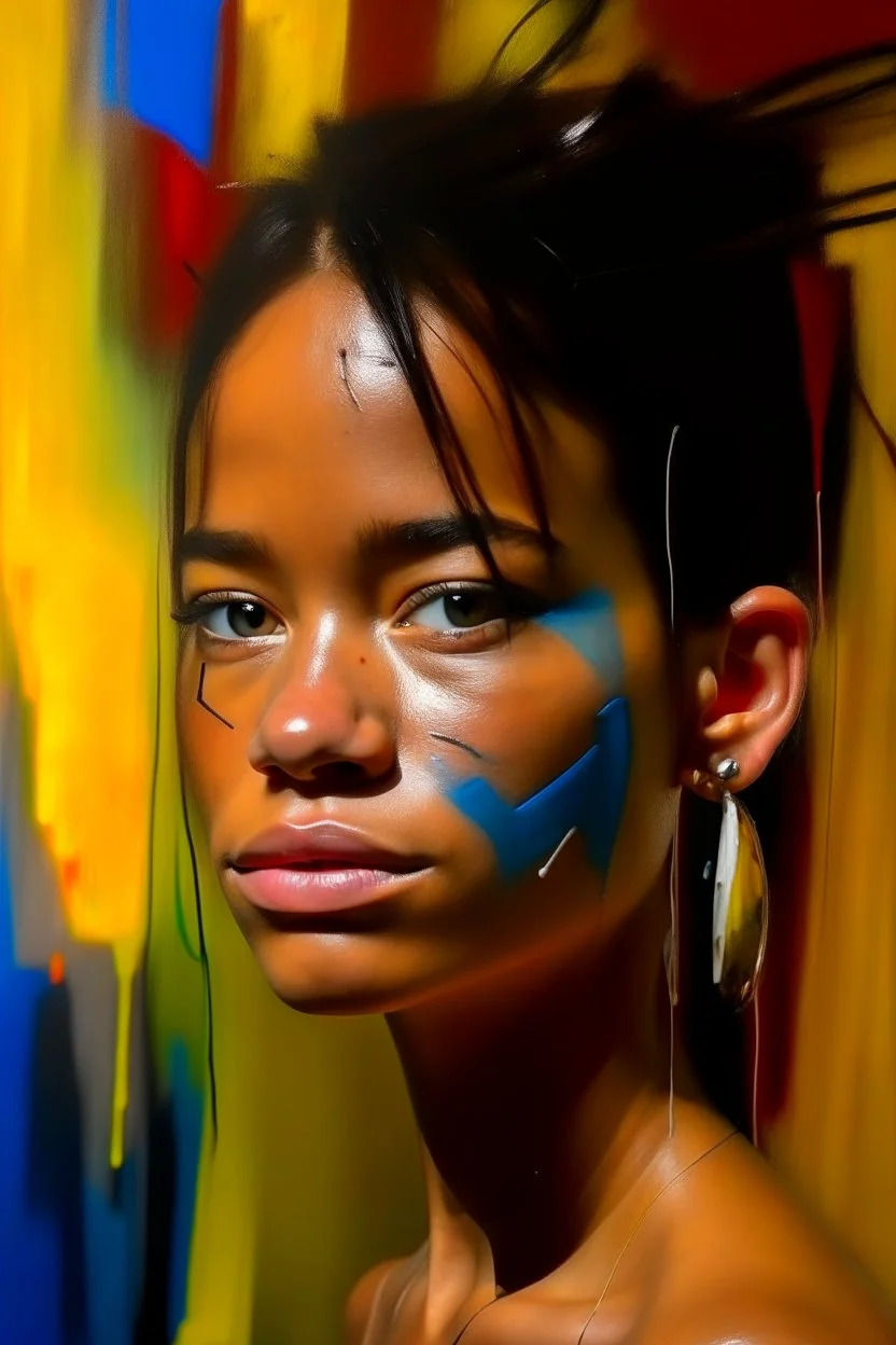 in abstract art Basquiat, Picasso, colorful acrylic colors representing, with expressive character--ar 16:9 --no text letter font. –c 40, Buffet and Picasso style