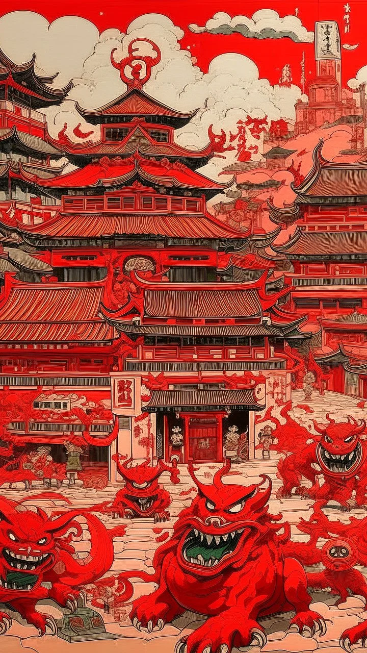 A red Oni kingdom with flipped buildings designed in Japanese Oni masks painted by Jackson Pollock