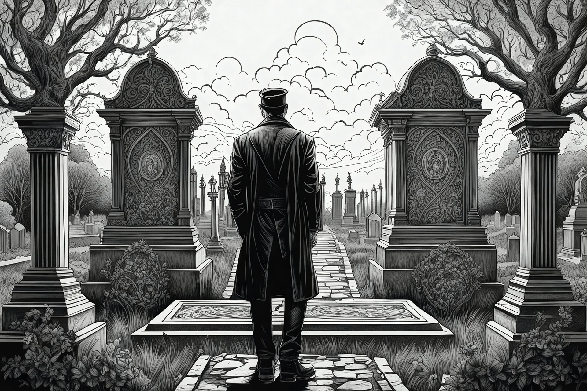 Man standing a front of grave of Cemetery in 8k tattoo drawing style, intricate details, highly detailed, high details, detailed portrait, masterpiece,ultra detailed, ultra quality