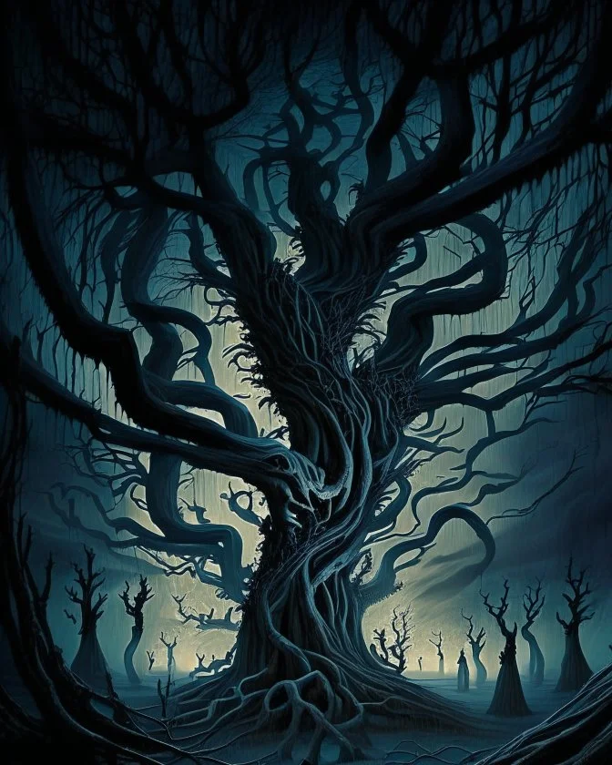 A nightmarish dreamscape with twisted trees and haunting figures.