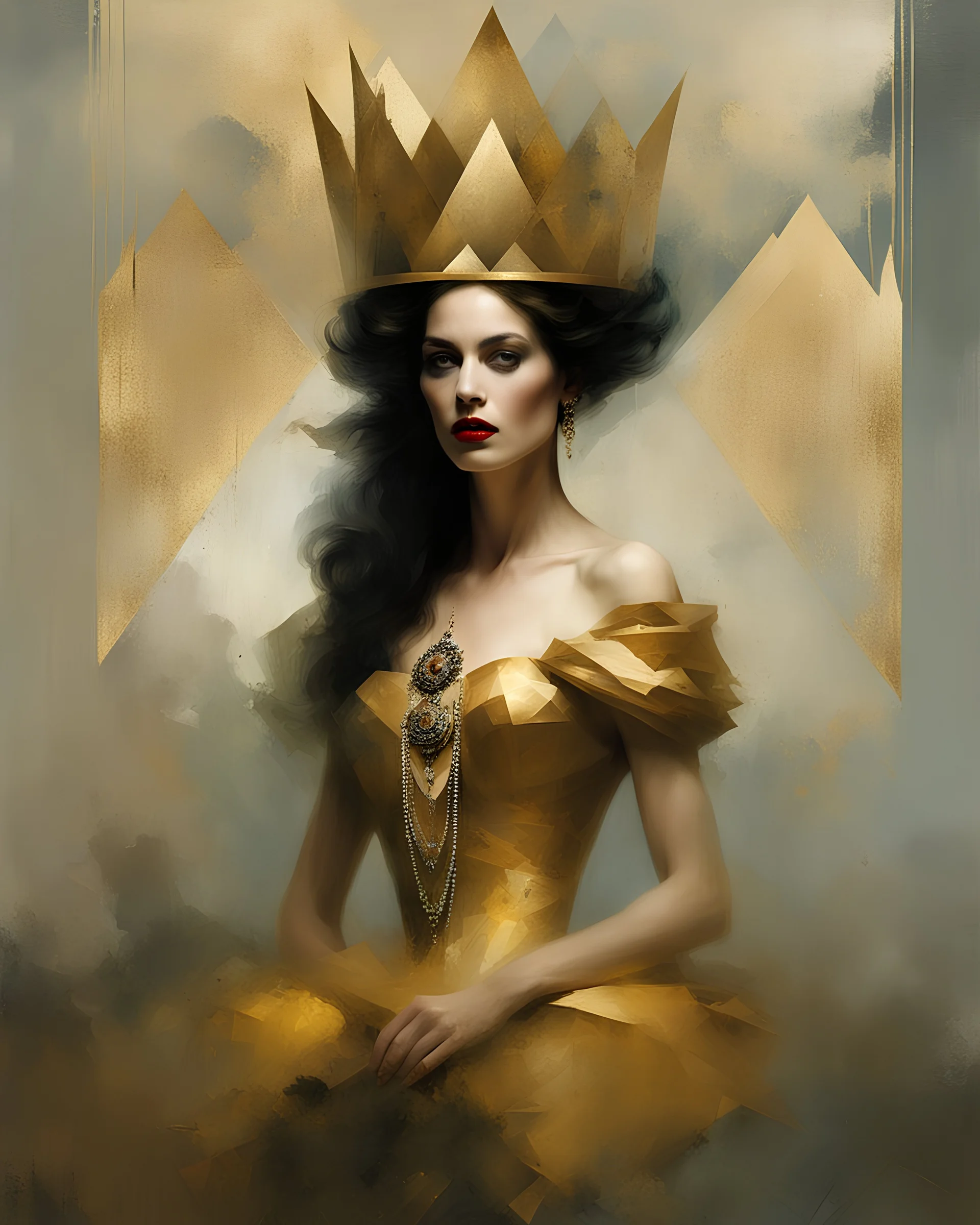 Digital Art of queen of diamonds embodying the essence of royalty in a , minimalist approach, influenced by Luis Miranda, Jeremy Mann, Jeffrey Catherine Jones, blends conceptual art with elements of painting and illustration, somber tones, fragmented souls, shadow play, diffuse textures, abstract forms, digital painting, high conceptuality, palette inspired by Jeffrey Catherine Jones, golden ratio composition, fine detail, cinematic lighting.