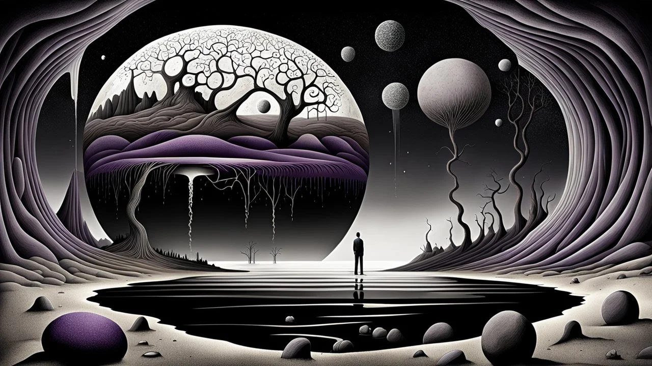 inner world , surreal dream, one alone human figure sitting on giant dark ball , weird whimsical landscape, alien forest, and Sahara water and rocks,, around surreal cracked painted weird land with some black doors. dark purple, gray, black, white, brown. Whimsical style of Chagall , of Minjae Lee and Anton Semenov, lonely with absurd beauty. broken, weird bizarr,e absurd nightmare, neuron network background, surreal vibe