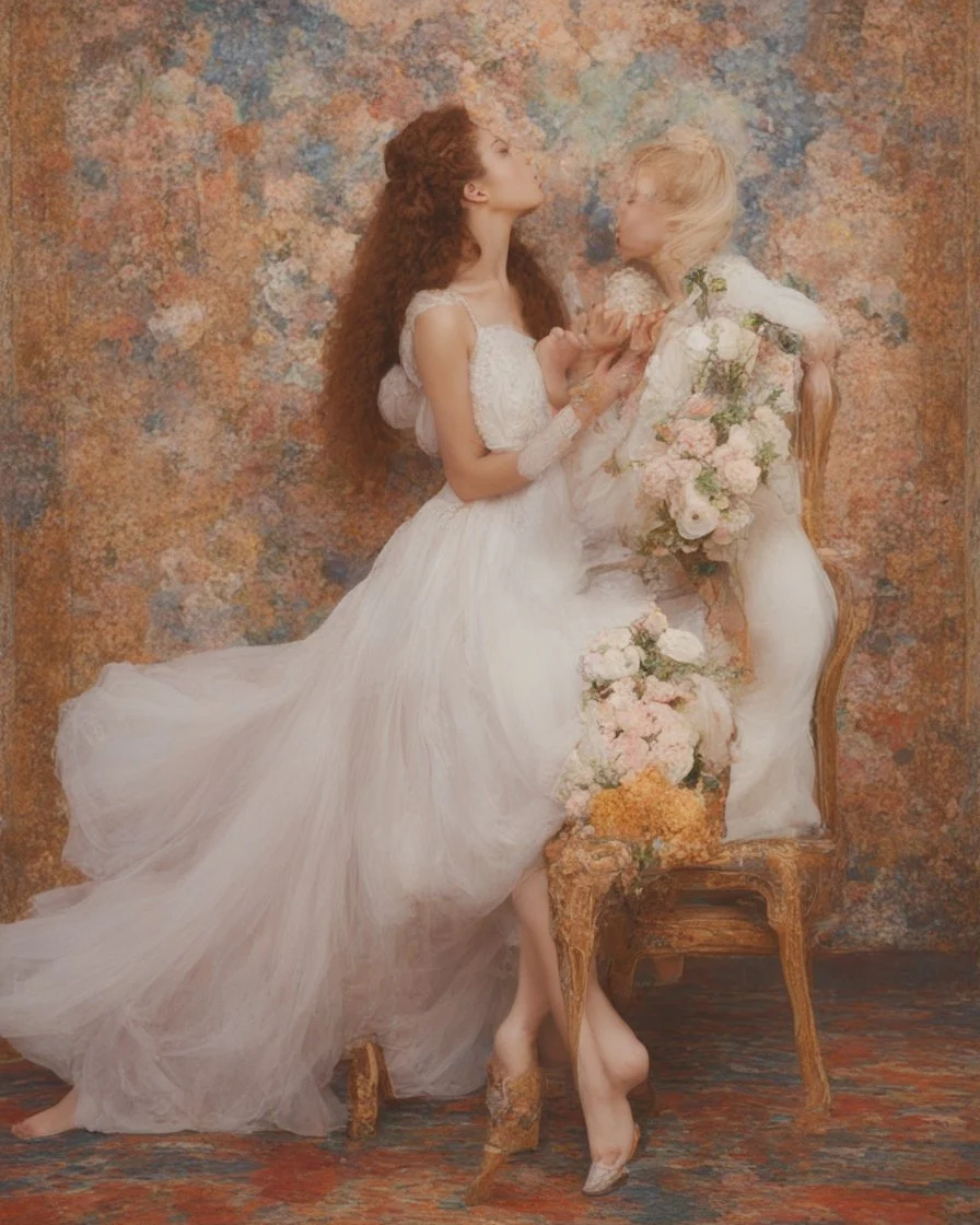 Masterpiece, fine art, award winning, "the Kiss in a chair by Gustav Klimt", RAW photo, eye candy in the style of (petra collins::Robin Eley:1.5), (Suhaila Ben Lachhab::Heidi Moussa:1.5) in breathtaking cinematic shot (full body shot, from below angle) that emphasizes the stunning cheek bones, texturized black hair,(big detailed eyes:1.5) (cottagecore aesthetic:5) with extreme sensuality, Irresistible with (porcelain skin:4.8), sitting on an old chair, retro vintage style