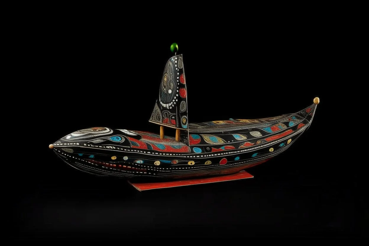 A black aerial ghost ship designed in Australian aboriginal art painted by Wassily Kandinsky