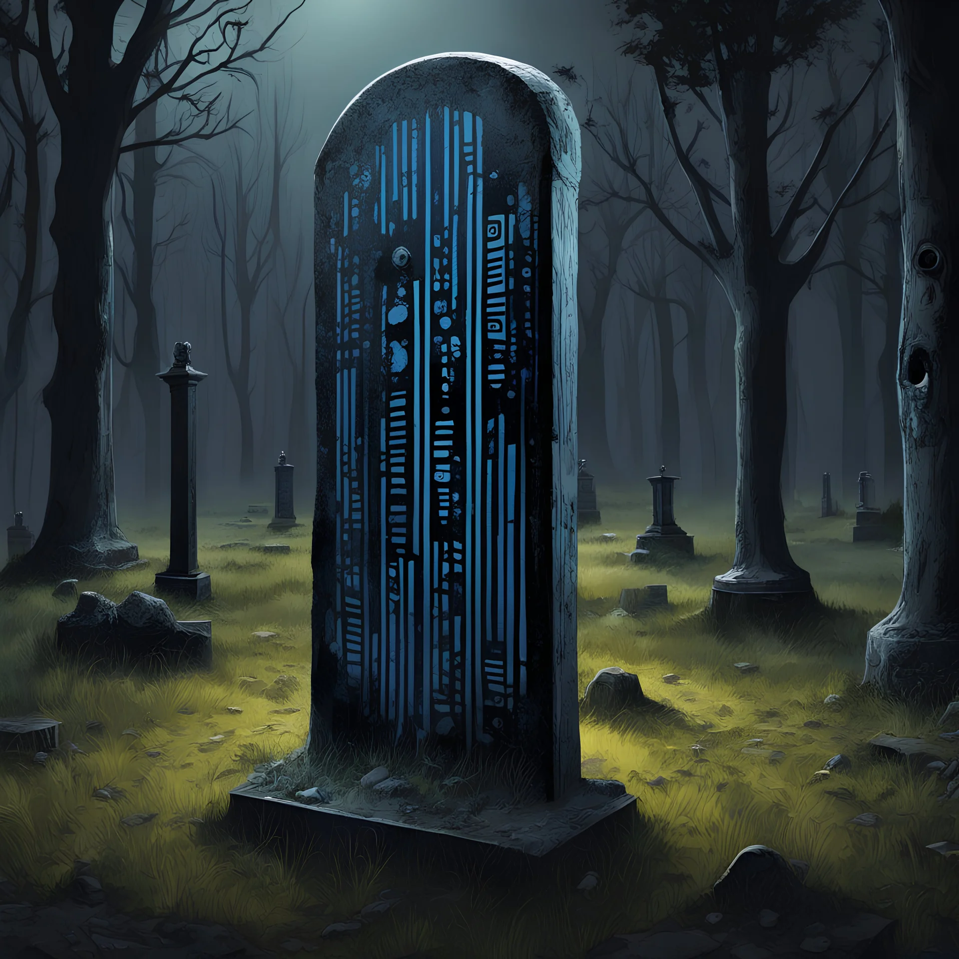 Gravestone in a cemetery which designed to look like a UV bar code, concept art, dark colors, digital art