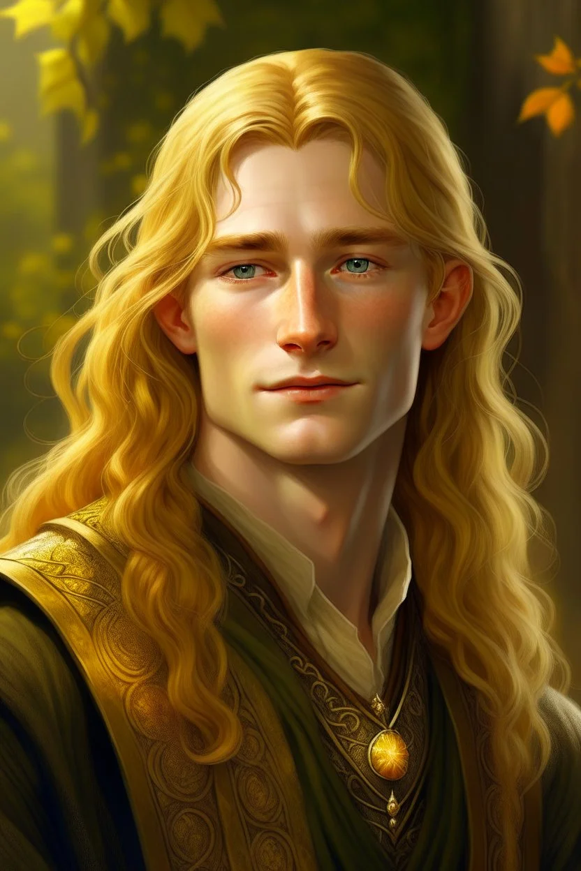 A young serene Lord Of The Rings like man with mid-length golden hair that cascades gracefully. His open eyes, with blind pupils, reflect a depth of wisdom and inner peace. A gentle smile graces his face, adding warmth to his tranquil demeanor.