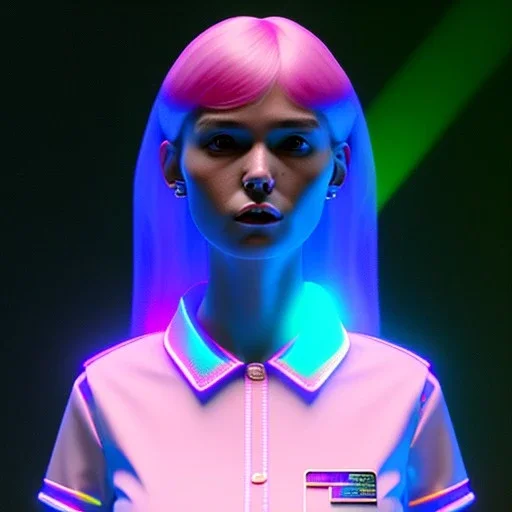 waitress teenager, rounded face, pink hair, hologram text, flushed cheeks, striped shirt, neon ambient light, vibrant color, pop style, highly detailed, art stations, concept art, smooth, unreal engine 5, god rays, ray tracing, RTX, lumen lighting, ultra detail, volumetric lighting, 3d, finely drawn, high definition, high resolution, gradient background