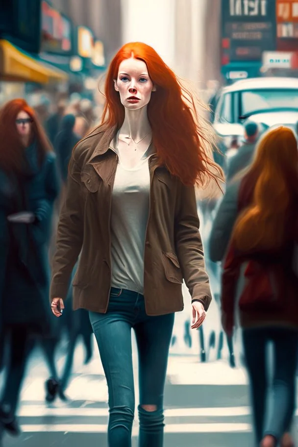 slim redhead woman walking across a busy street