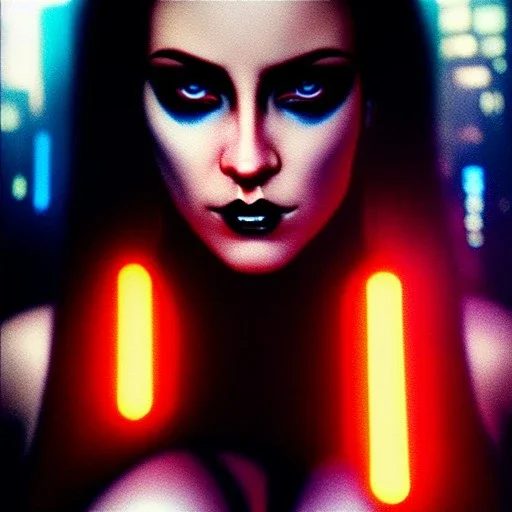 portrait oil on canvas, beautiful punk busty female Cyborg, intense stare, sad glowing eyes, post-apocalyptic in a cyberpunk city,minimal skintight latex dress, bladerunner movie poster, realistic, intriacte detail, sci-fi fantasy style, masterpiece, volumetric lighting, particles, highly detailed ,cinamatic , deep colours,8k, in the style of Kaare Andrews