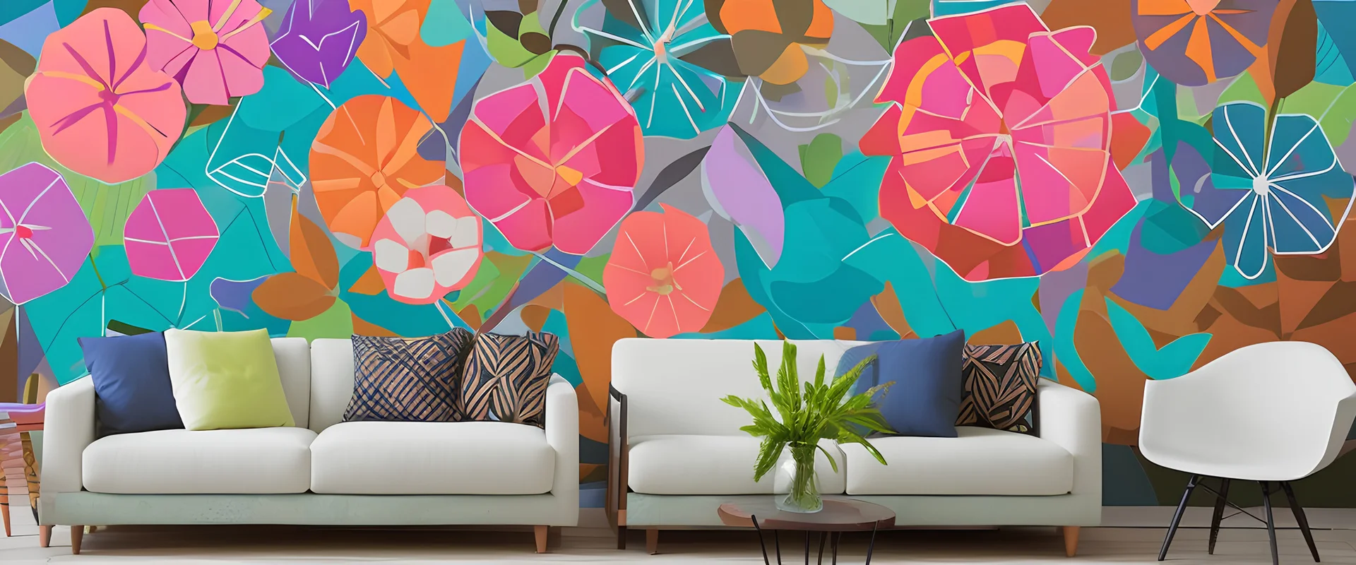 Generate a handpainted mural featuring large geometric flowers in a variety of shapes and vibrant colors, providing a modern and stylized interpretation of a garden.