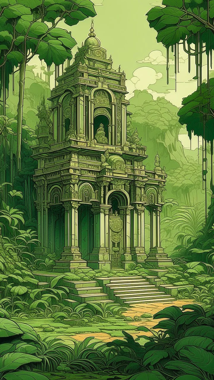 An olive green jungle with a ruined temple in Art Nouveau art style
