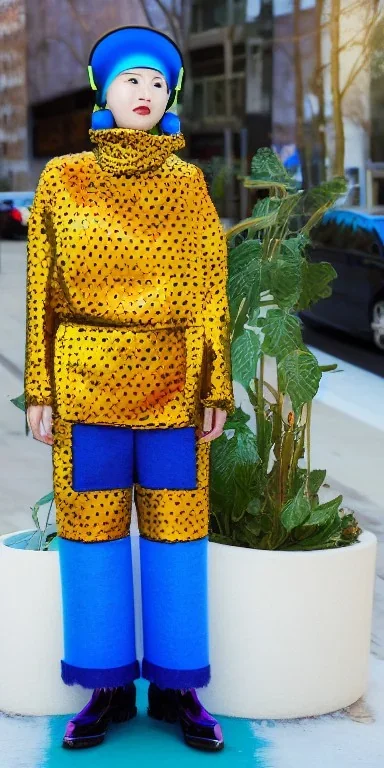 Photo Alina Li, thick thigh, thick calves. colors in 2023! Futurism, 90's, daft punk , turtle neck Printed Dots, plants.Mantle is sewed of recycled Denim and sewed together felt pieces and airy, big turtleneck.Big headphones, with gold rings, is merged with small felt cap with small visor. A bag is integrated to the mantle. Big camouflage Patterns are composed of orange, cream, cobalt blue, lilac and purple and warm colours. BAGGY LATEX. It is with big bright purple felt hood, tippet Apricot