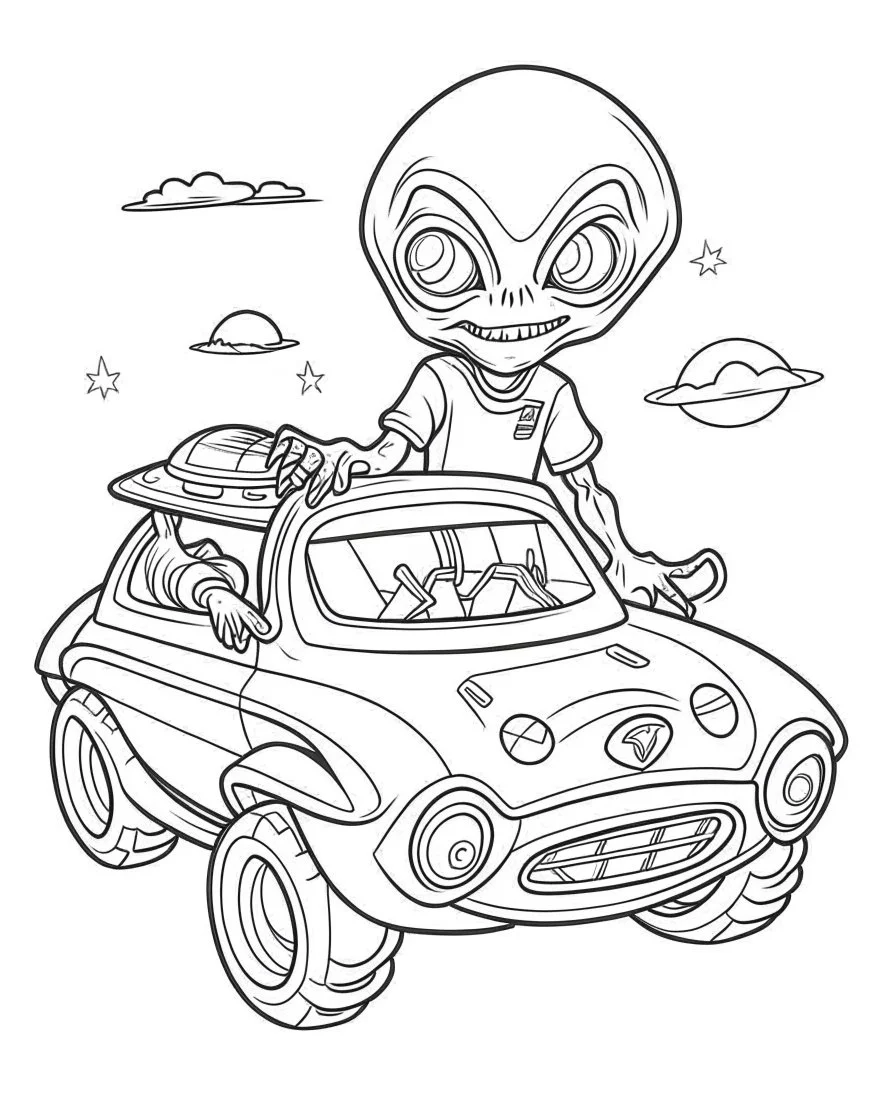 Alien with vehicle coloring page, full body (((((white background))))), only use an outline., real style, line art, white color, clean line art, white background, Sketch style.