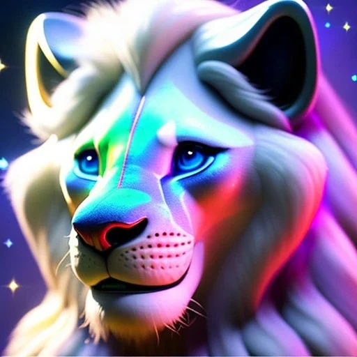 pixar style, fairy garden environment and background, realistic painting of white lion, sparkling blue crystal on forehead, looking excited, volumetric lighting, dramatic lighting, detailed digital painting, extreme dense and fine fur, ornate, colour-washed colors, elegant, small minutiae, tiny features, particulars, centered, smooth, sharp focus, renderman gofur render, 8k, uhd, detailed eyes, realistic shaded volumetric lighting, sunlight caustics, backlight, centered camera