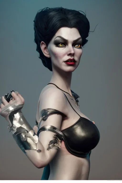 Lene Nystrøm as evil queen in black leather, busty, cleavage, voluptuous, angry, stern look. character design by cory loftis, fenghua zhong, ryohei hase, ismail inceoglu and ruan jia. unreal engine 5, artistic lighting, highly detailed, photorealistic, fantasy