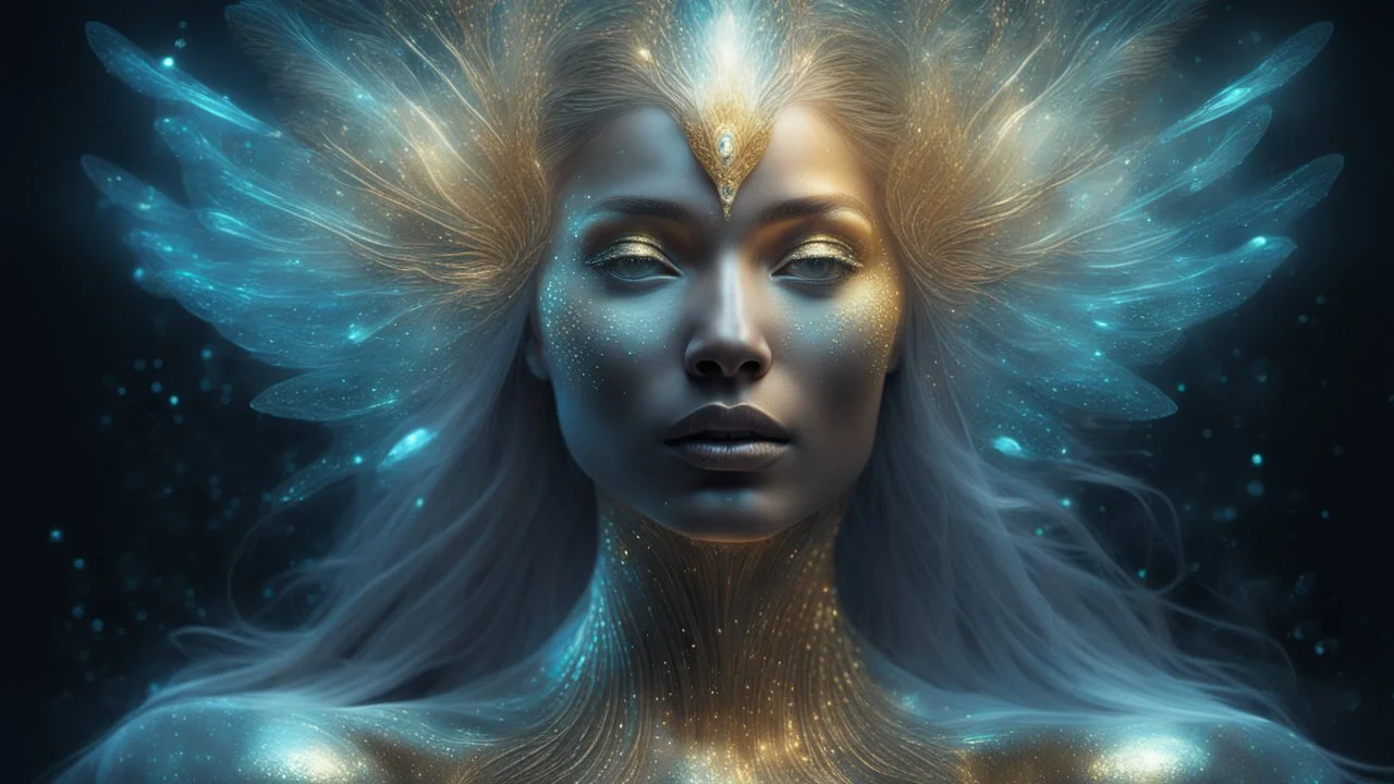 Photo in bioluminescent art style depicting a divine bird woman, embossed, double exposure, Bioluminescent dewy translucent glowing skin, ethereal glowing eyes, long neck, perfect face in ultra-realistic details, gold, flowing hair, The composition imitates a cinematic film with dazzling, golden and silver lighting effects. Intricate details, sharp focus, crystal clear skin create high detail. 3d, 64k, high resolution, high detail, computer graphics, hyperrealism, f/16, 1/300 sec. digital painti