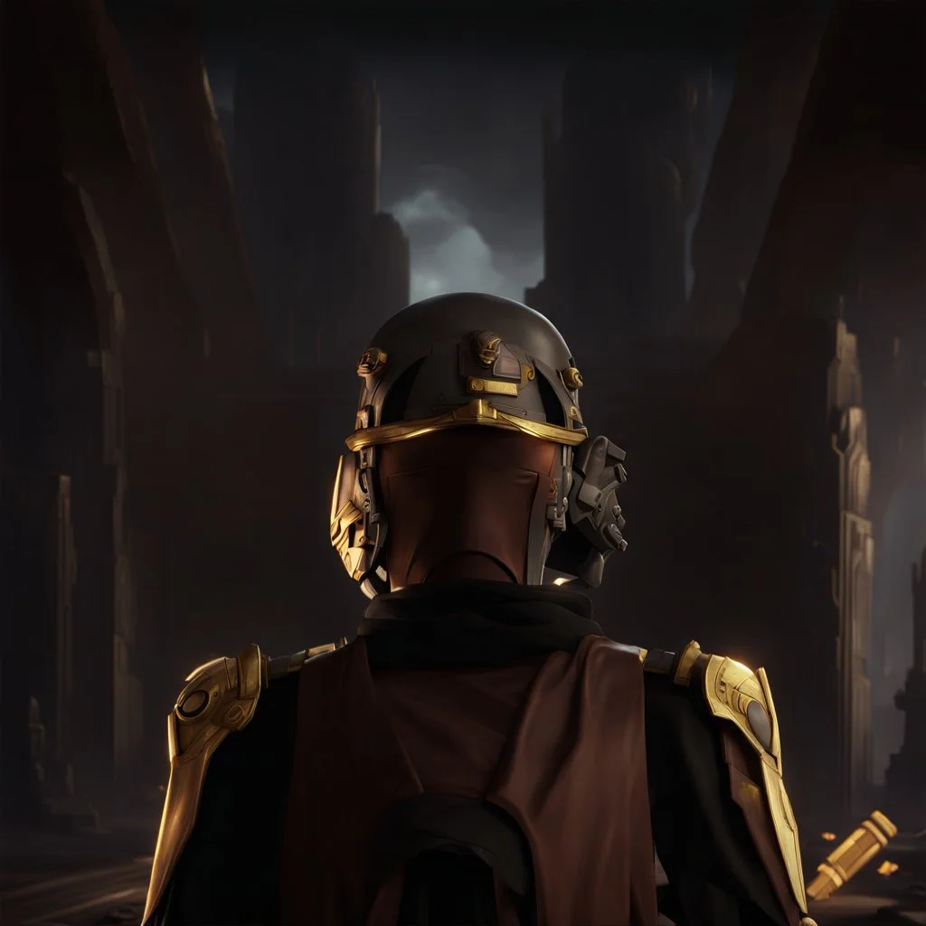 star wars bald male corellian jedi pilot wearing black and gunmetal grey old republic armored robes with gold trim, alone, battle-ready Jedi Master defending a ruined ancient city surrounded by golden light, centered head and shoulders portrait, hyperdetailed, dynamic lighting, hyperdetailed background, 8k resolution, volumetric lighting, light skin, fully symmetric details