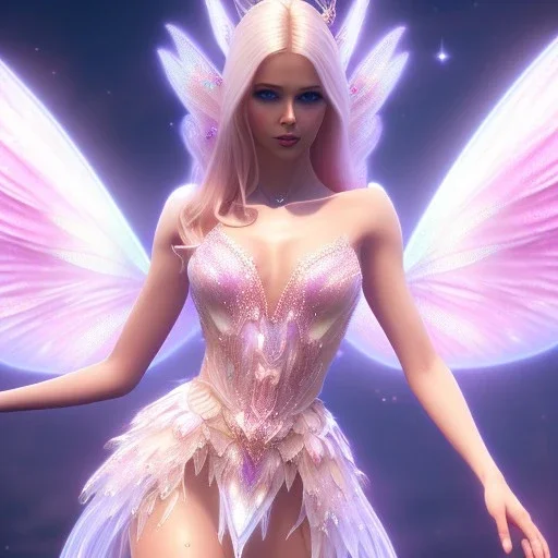 beautiful fairy very etheric, nice smiling, long blond hair, magic glamour pink make up, delicate colors, complete vision of very transparent and big wings, beautiful glamour transparent dress, ultra sharp focus, 8k, unreal engine 5, extremely sharp detail, light effect, soft light atmosphere, smooth, full of details, face in front, complete vision of face and hair and of the body