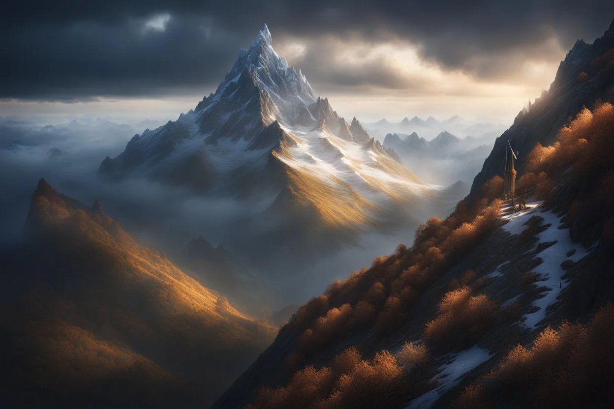 a snow-covered lonely steep massiv mountain reaching into the clouds. On top of the mountain is a long needle thin tower. fantasy concept art, exquisite realism, a masterpiece, dynamic lighting, hyper detailed, intricately detailed, deep color, Unreal Engine, volumetric lighting , Epic cinematic brilliant stunning intricate meticulously detailed dramatic atmospheric maximal,