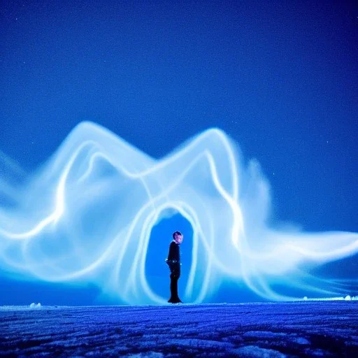 Icy Bright blue light painting at night of Electron Storm in the shape of vertigo kissing in the sky