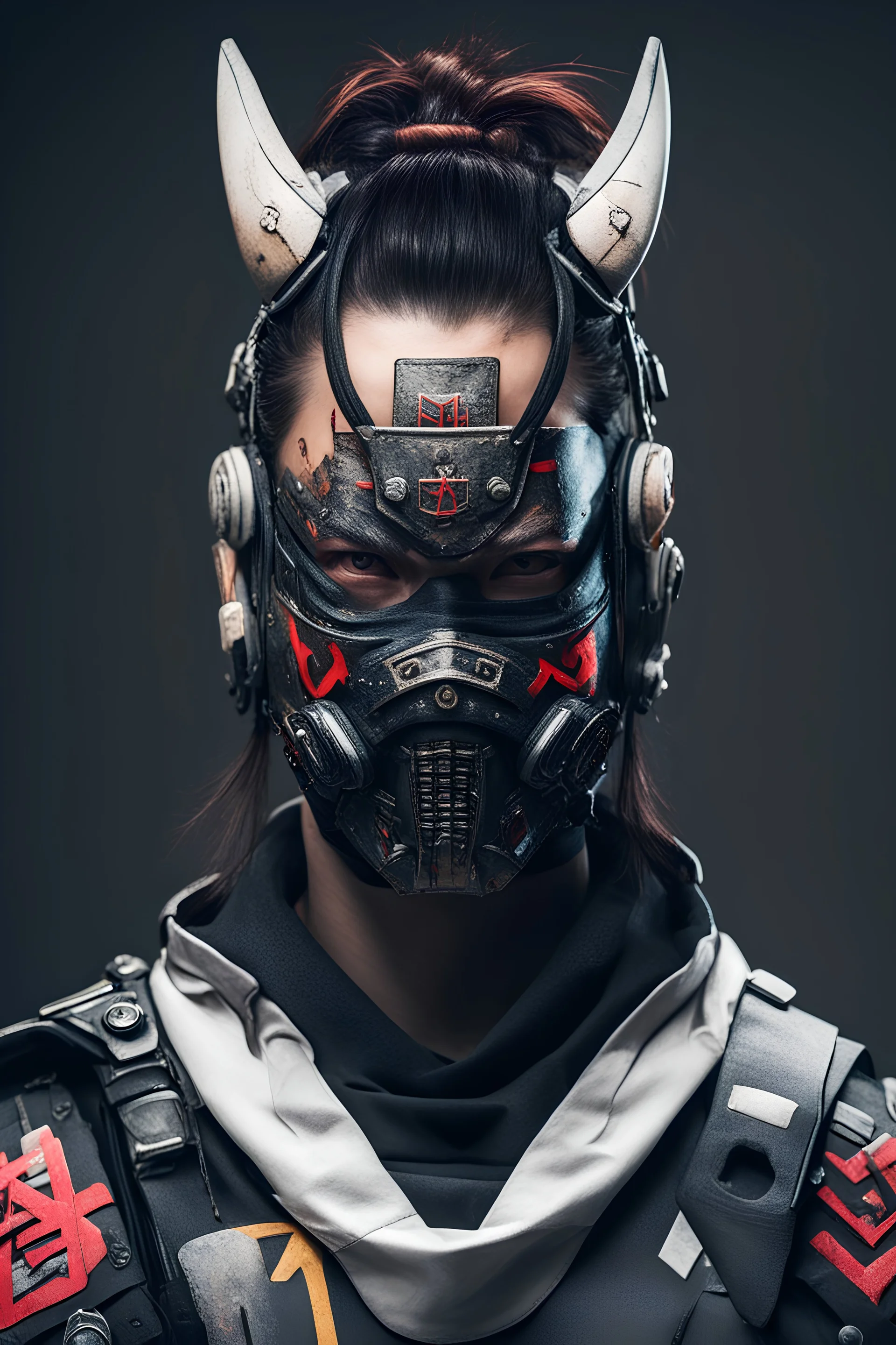 Cyberpunk samurai on face mask and "m" letter on top of head