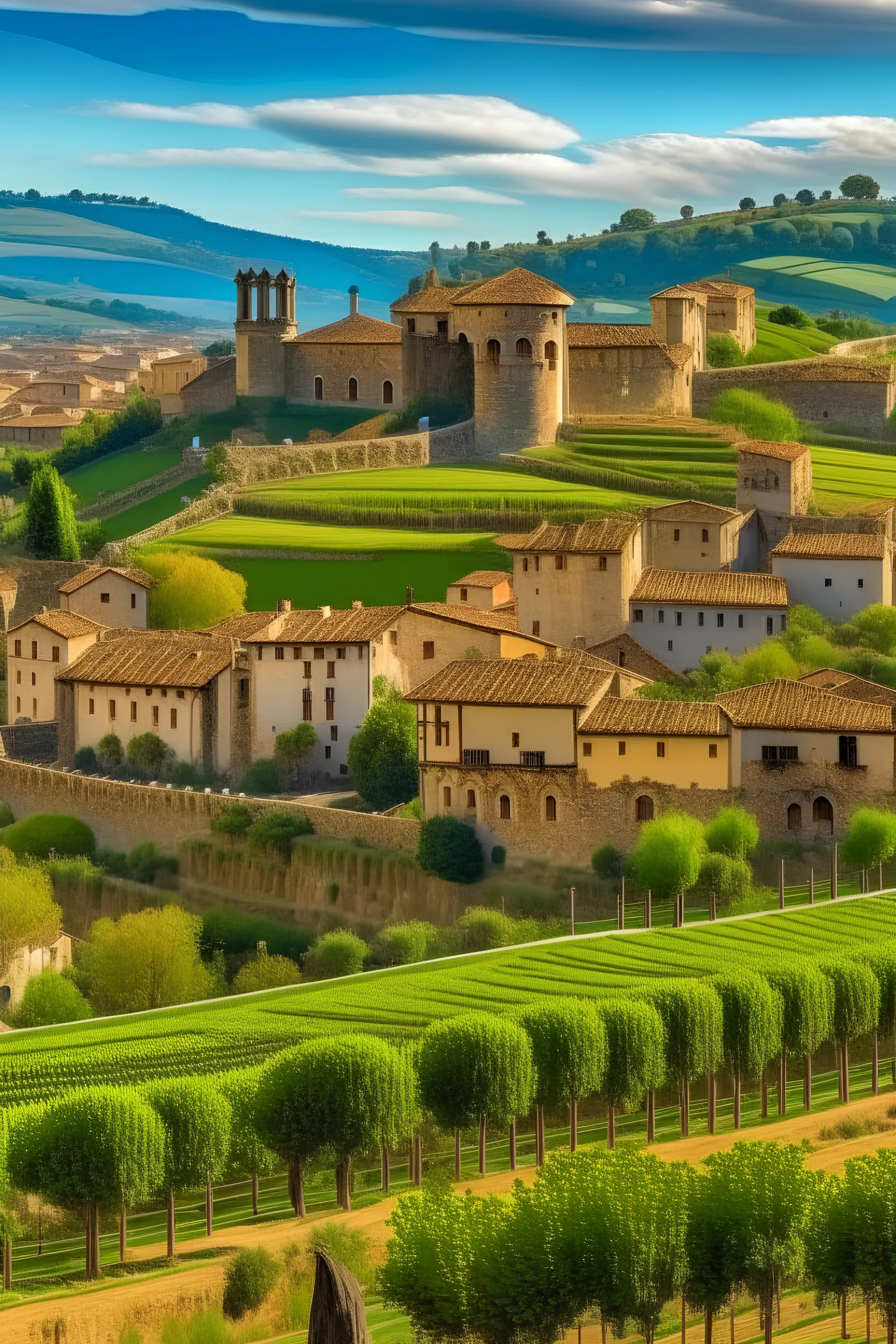 Spanish town in the middle ages with vineyards and a castle