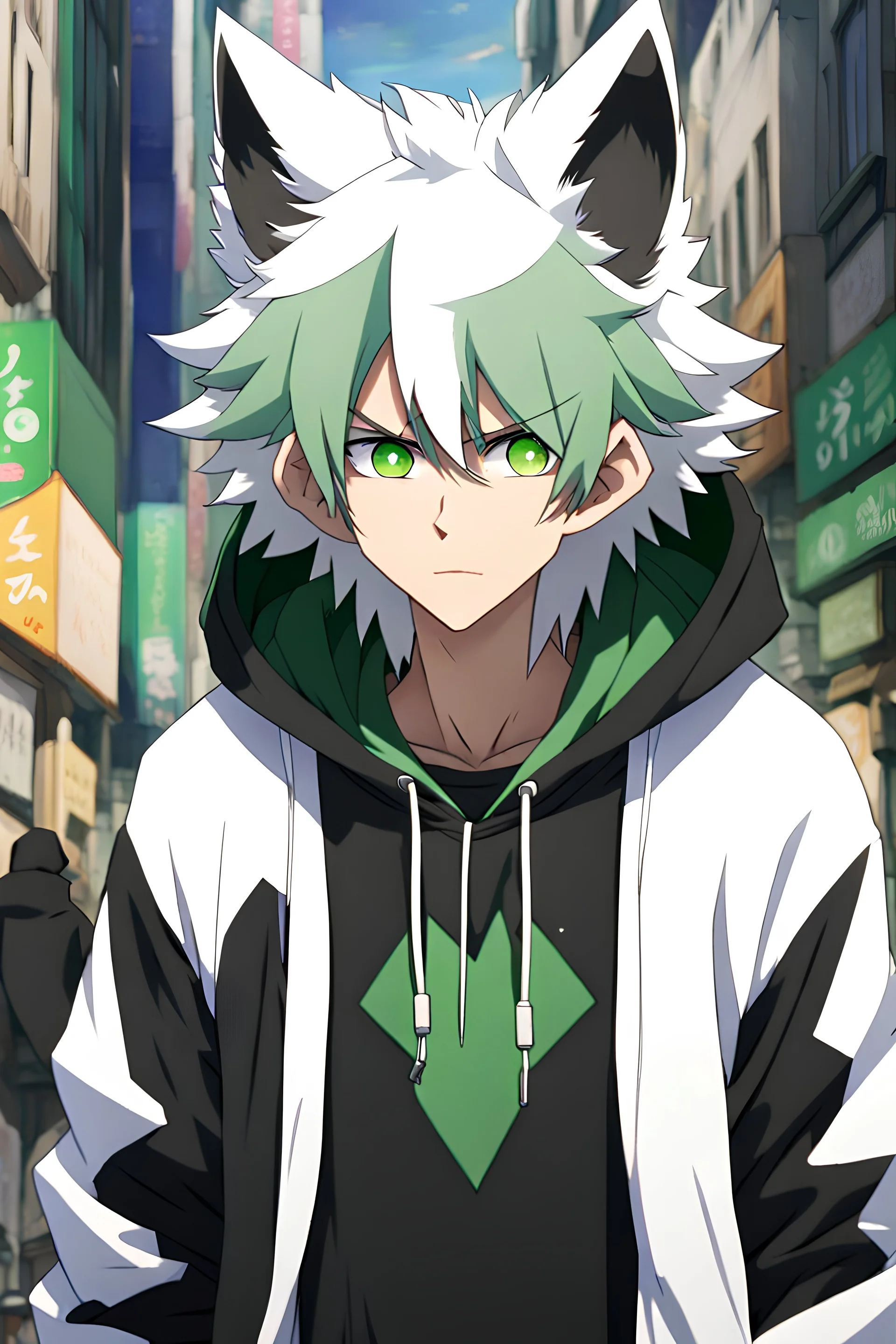 In anime, an anthropomorphic male character with white fur, white-and-green-haired, white-skinned, green-eyed, wolf ears, whiskers, a black hoodie, and black pants, is on the street in the massive capital.