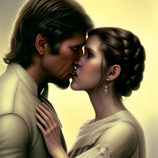 carrie fisher kissing harrison ford, pale skin, waist up portrait, intricate, oil on canvas, masterpiece, expert, insanely detailed, 4k resolution, retroanime style, circular reflective eyes, cinematic smooth, intricate detail , soft smooth lighting, soft pastel colors, painted Renaissance style