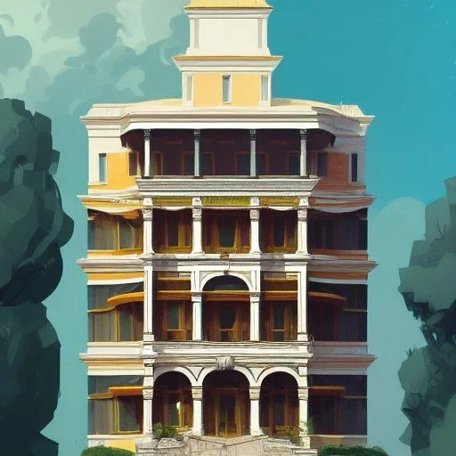 A Vignola classicism Architecture building with usa modern glass and trees +detailed facades+highly detailed++ Book illustration by Gediminas Pranckevičius, Jean Baptiste Monge, Brian Kesinger, Anton fadeev, strong lines, high contrast vibrant colors, 16k resolution, trending on behance""