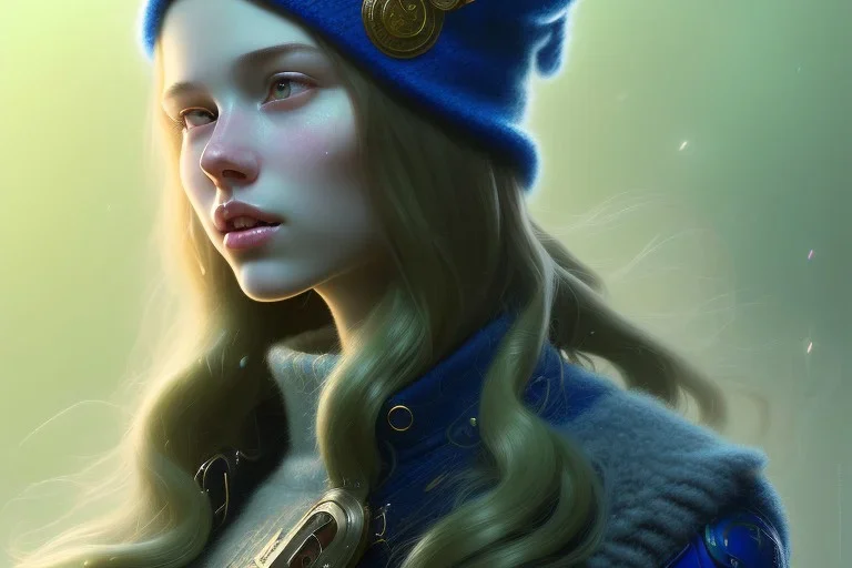 girl, cute, beautiful, long hair, wavy hair, green hair, blue eyes, blue beanie, blue coat, black tee shirt, head and shoulders portrait, 8k resolution concept art portrait by Greg Rutkowski, Artgerm, WLOP, Alphonse Mucha dynamic lighting hyperdetailed intricately detailed