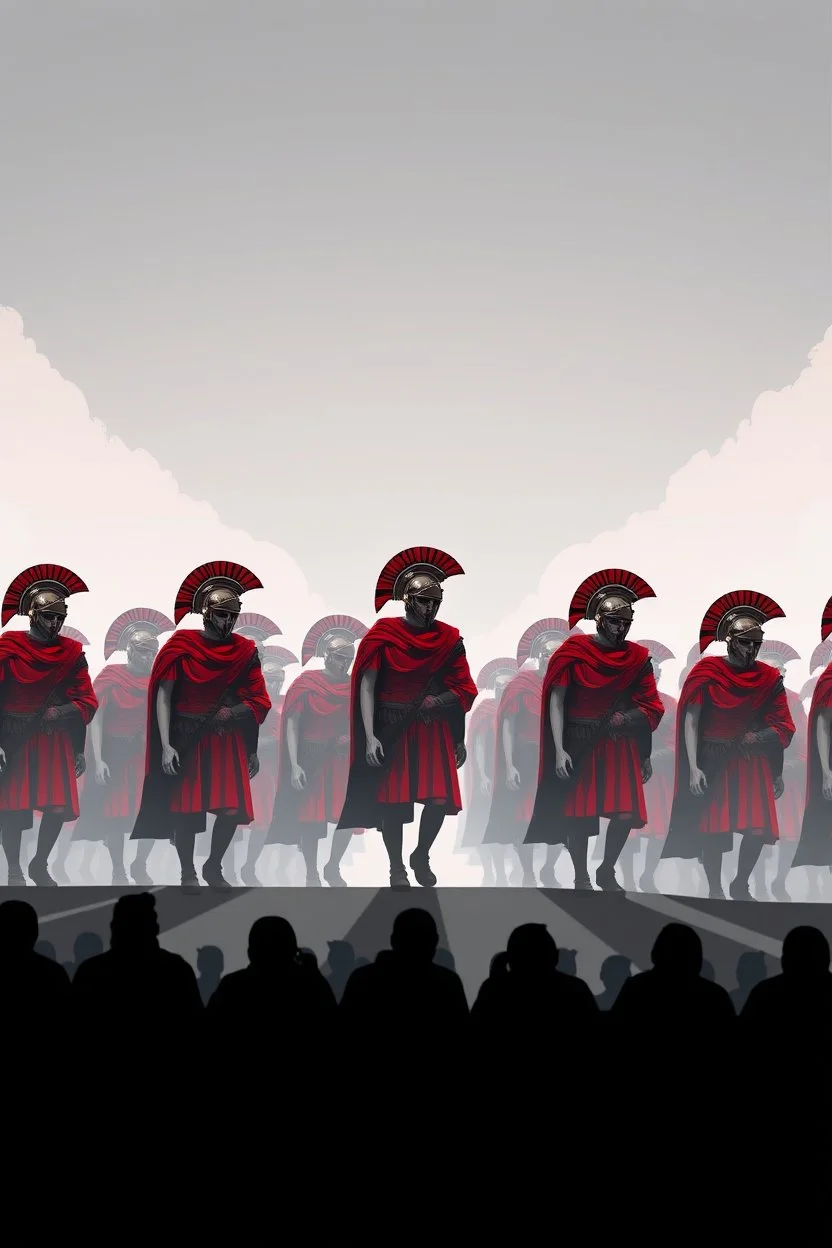 "A conceptual black-and- gdark Red digital illustration of a massive roman warriors walking in the same direction, heads down, symbolizing conformity. The atmosphere feels lifeless and repetitive, emphasizing the ordinary mindset of the majority."