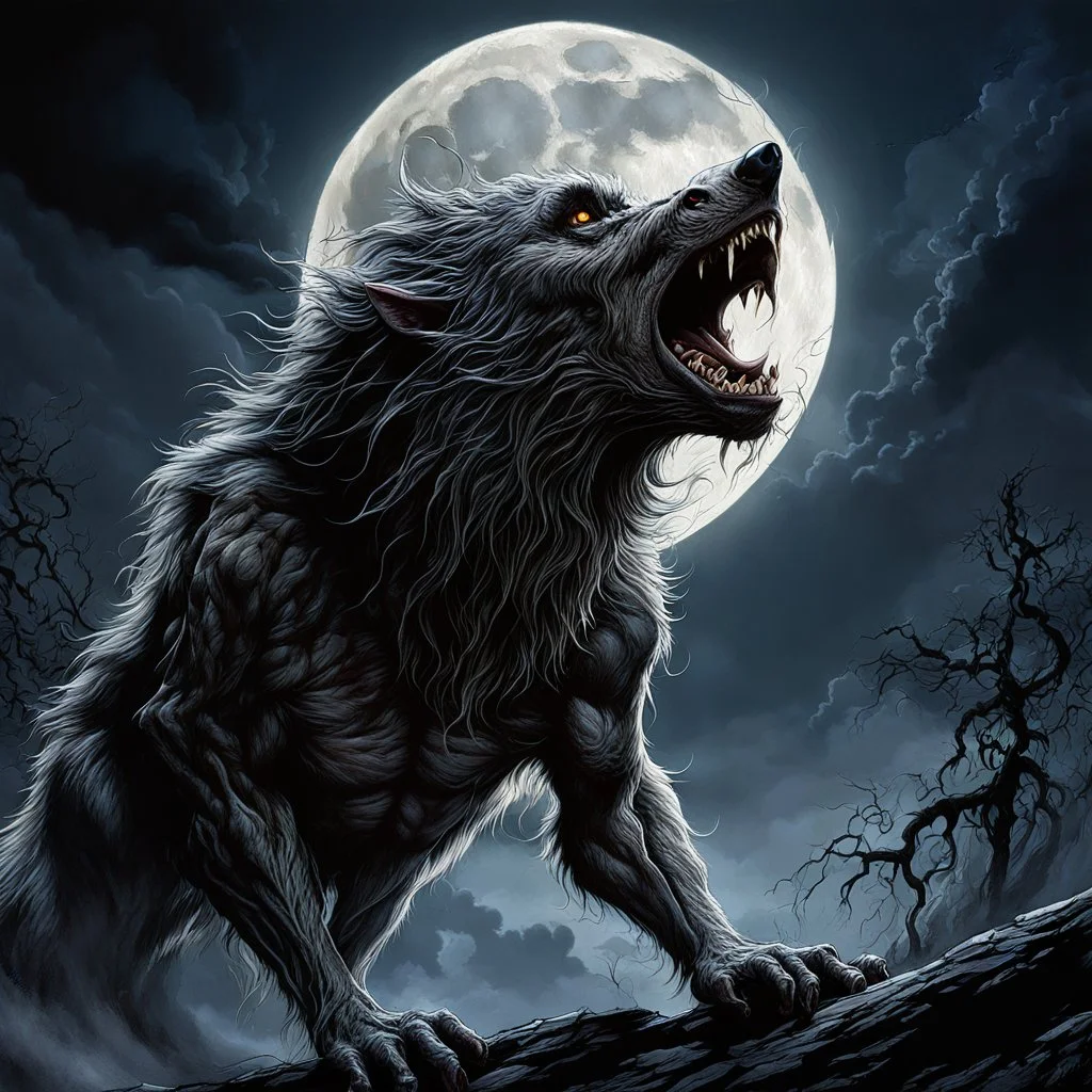 Dramatic Werewolf howling balefully at the full moon, in Ian Miller and Michael Whelan and Gammell style, edge light, chiaroscuro, HDR 8k, uhd, high quality, cinematic, volumetric lighting, perfect eyes, perfect pupils, perfect mouth, viscous teeth, matte oil painting, loose brush strokes, rich dark color, expressive eyes, smoke, particle effects, haze, ultra detail, light leaks, artstation trends, sharp focus, intricate details, by Jeremy Mann.