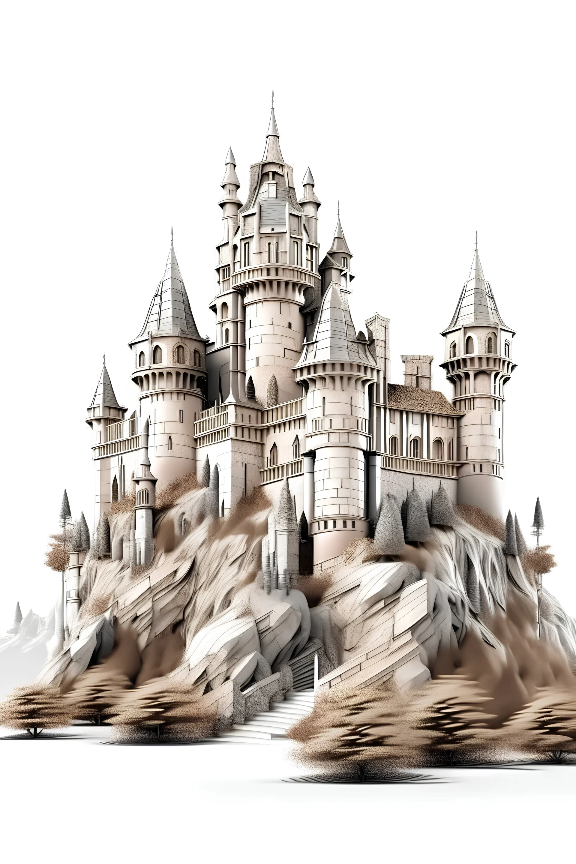 castle on the hill brown and gray shades on a white background in futuristic style