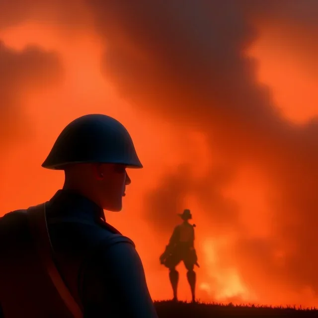 The silhouette of a WW1 Era Soldier looks at a battlefield that is on fire