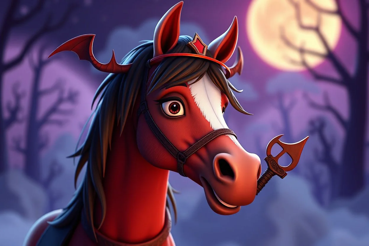 satanic horse whisperer, in the style of Pixar, expertly crafted in a whimsical and vibrant cartoon style. is masterfully rendered in a lifelike 3D design, which captivates viewers with there irresistible charm.