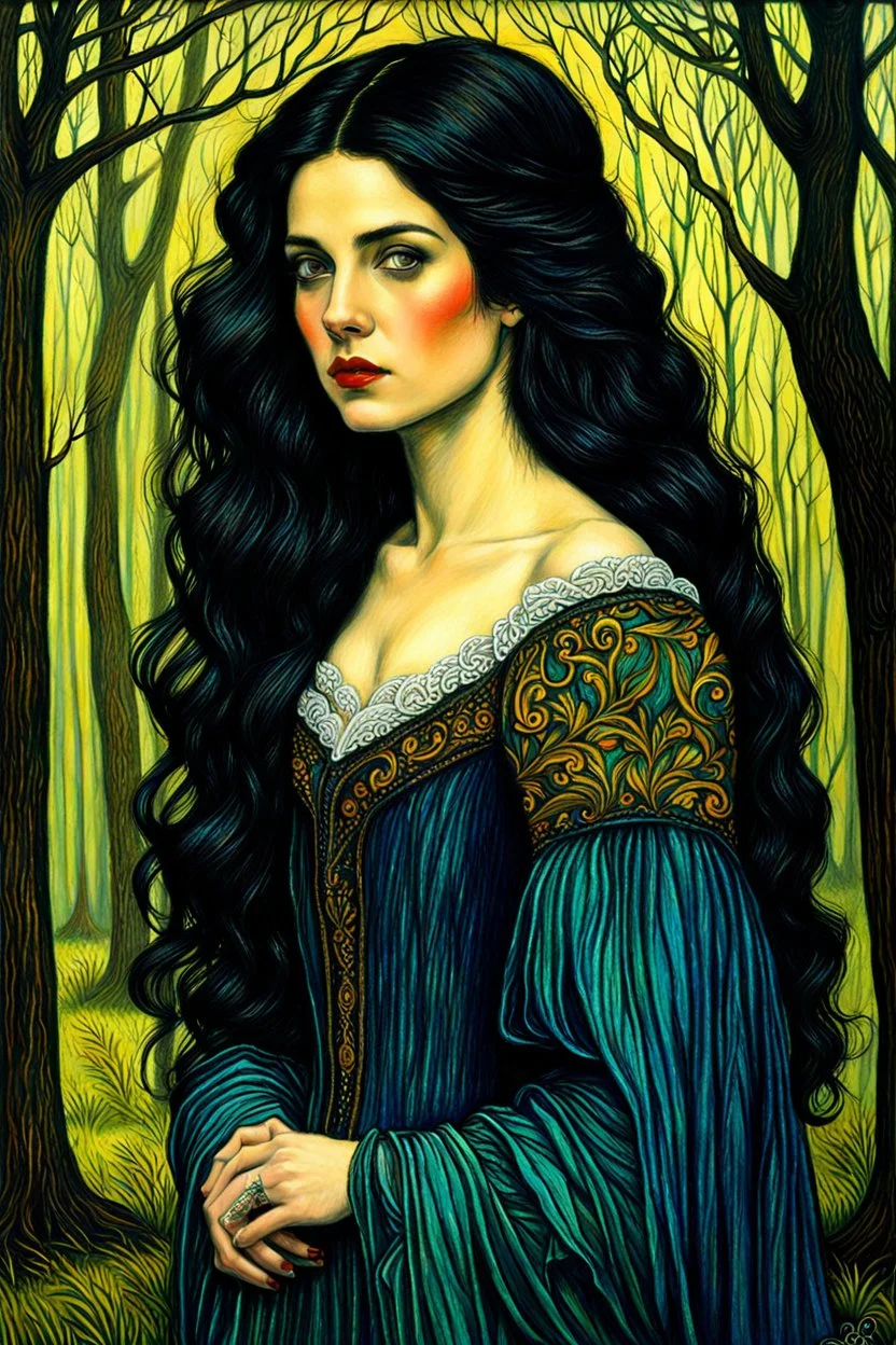 create a 3/4 profile, full body oil pastel of a dark haired, savage, ornately dressed, vampire girl with highly detailed , sharply defined hair and facial features , in a quiet forest glade, in the Pre-Raphaelite style of JOHN WILLIAM WATERHOUSE