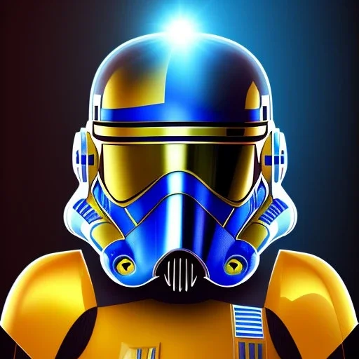 trés beau capitaine galactique, star wars style, avec costumes bleu et or , arrière fond bleu galactique étoilés, casque