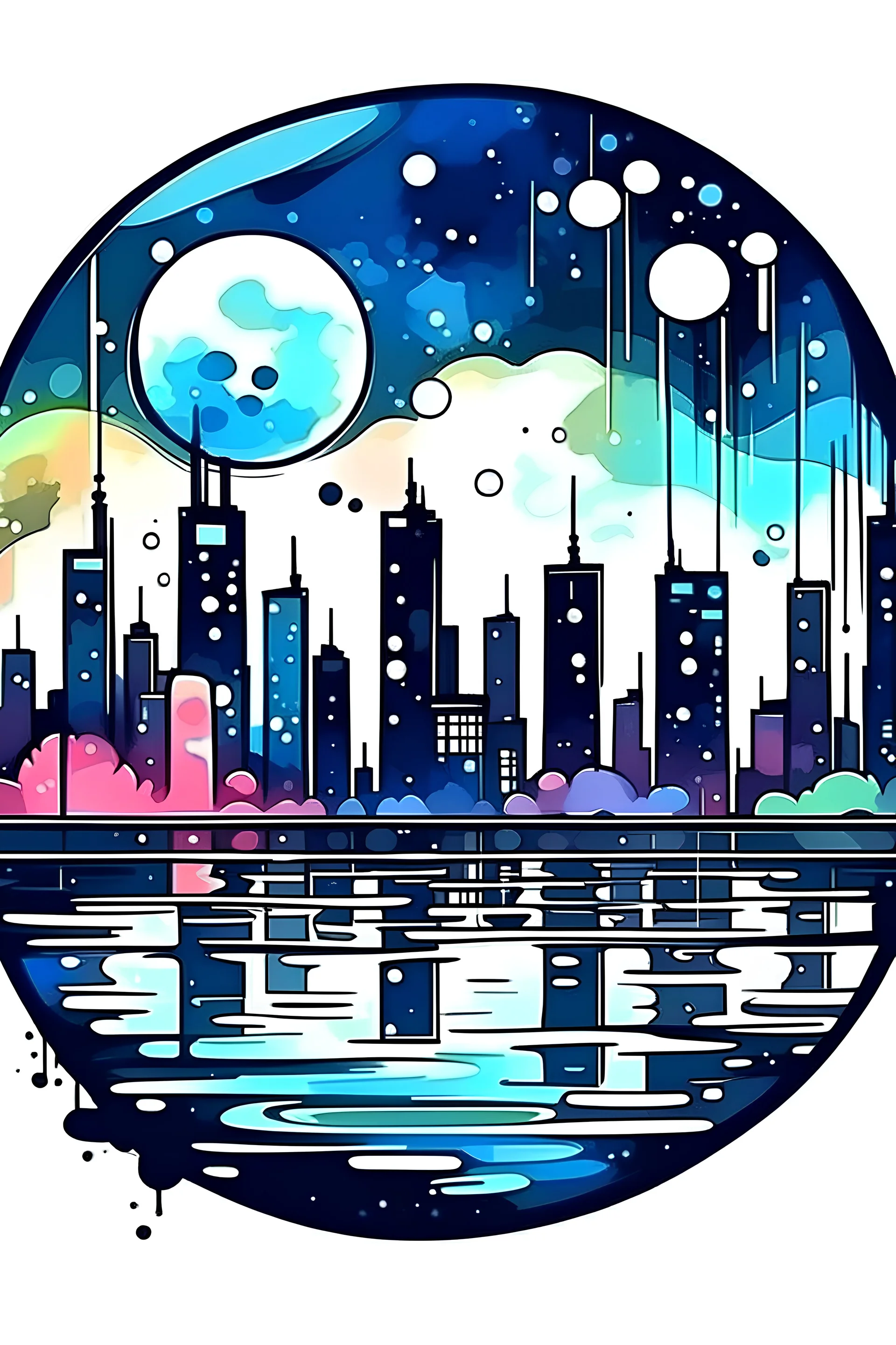 a game icon of a city night view, water paint graphic style